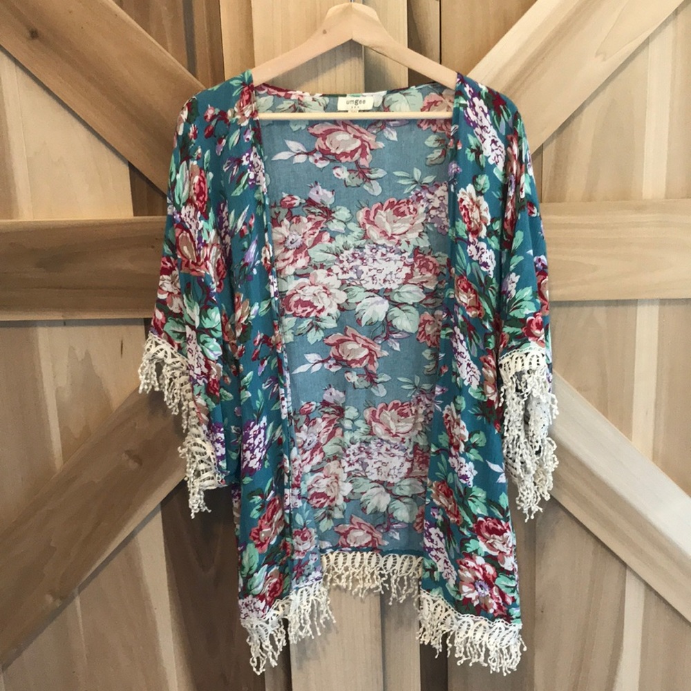 Green Floral print Kimono Fringe Trim